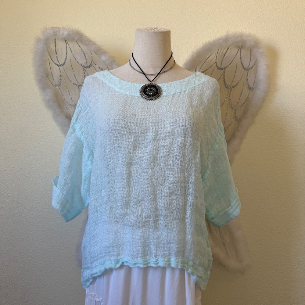 XS Light Blue 100% Linen Gauze Boxy Top Short Sleeve Sheer Beachy Seafoam Boho